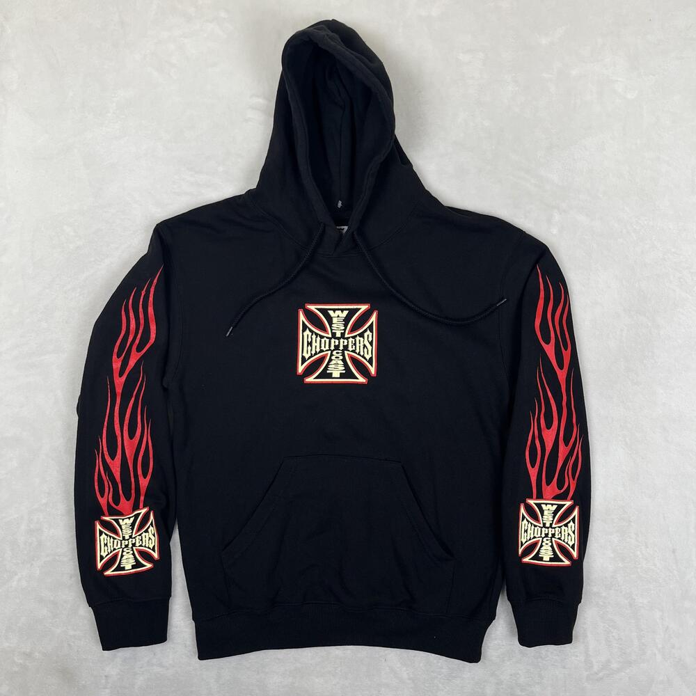 West Coast Choppers Hoodie Mens Small Black Flames Pullover Sweatshirt Biker Y2K